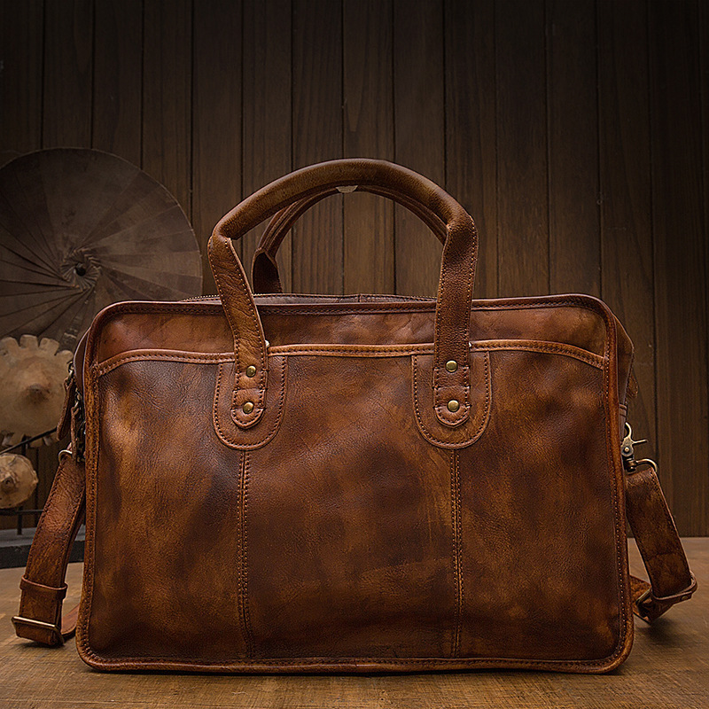 Men’s Vintage First Layer Leather Travel Briefcase