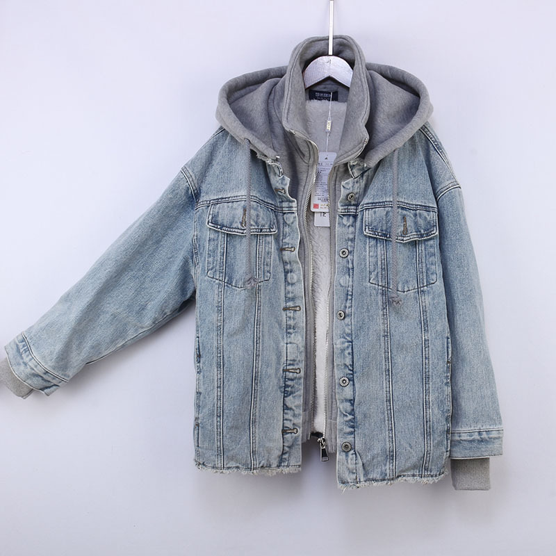 Fake Two-piece Hooded Faux Lamb Wool Denim Jacket Women