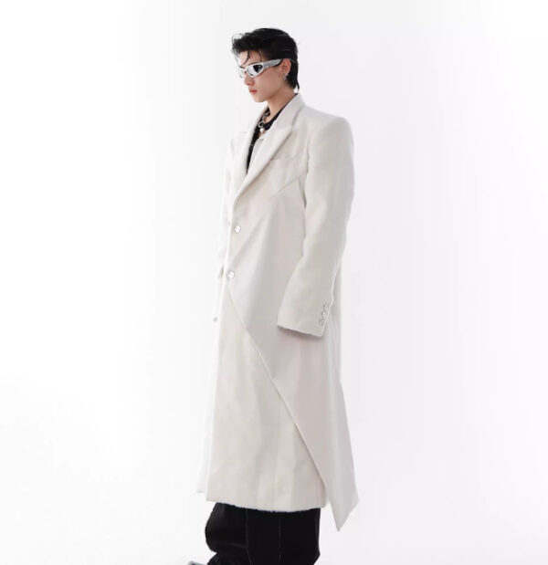 Padded Shoulder Woolen Coat PU Leather Stitching Design Long Trench Coat White Over The Knee - Image 5