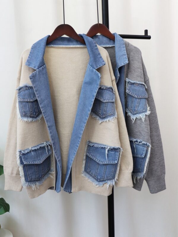 Denim Stitching Sweater Coat For Women - Image 4