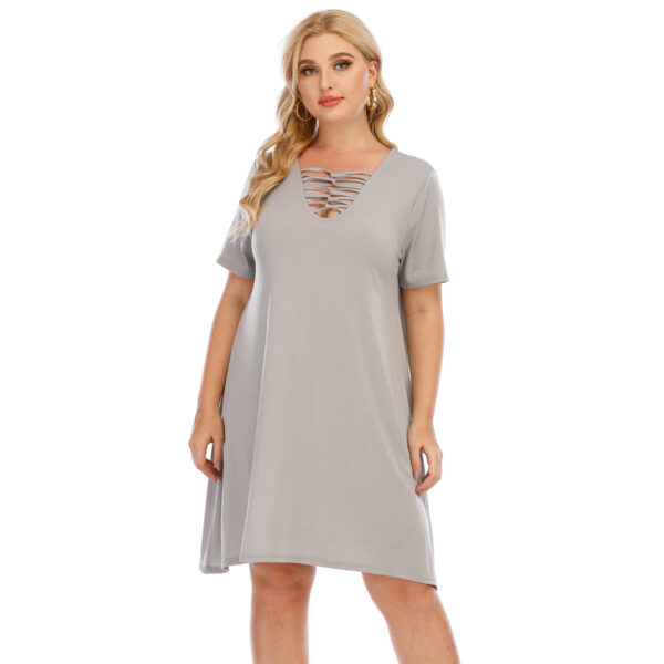 Women's Short Sleeve A- Line Simple Deep V-neck Hollow-out Cross Dress - Image 2