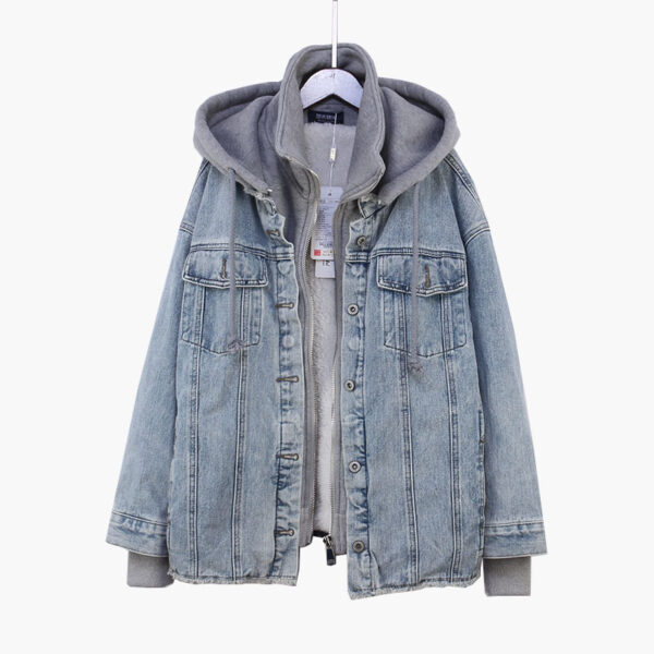 Fake Two-piece Hooded Faux Lamb Wool Denim Jacket Women - Image 4