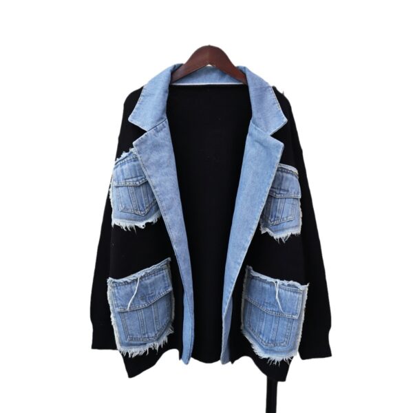 Denim Stitching Sweater Coat For Women - Image 2