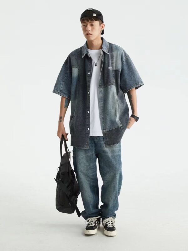 Japanese-style Retro Washed Stitching Denim Shirt Men - Image 2