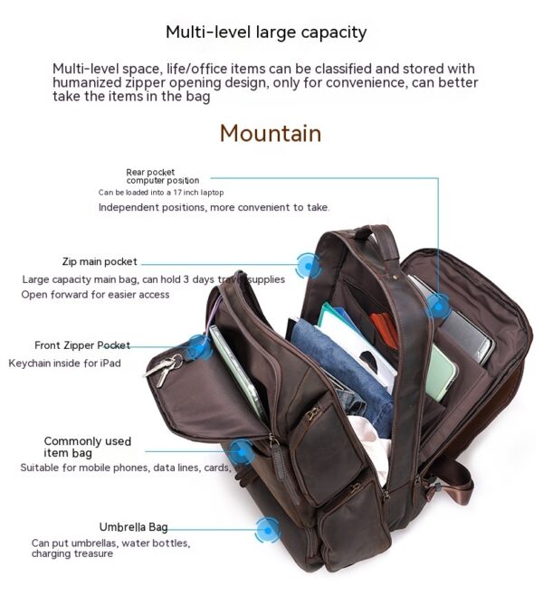 Retro Crazy Horse Leather 17-inch Computer Bag Outdoor Leather Backpack Travel Top Layer Leather Backpack For Men - Image 3