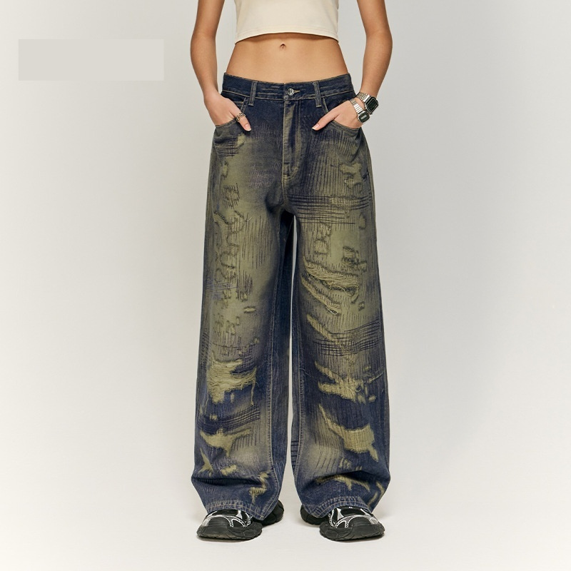 Autumn And Winter New American Street Fashion Printed Denim Wide Leg Pants For Men