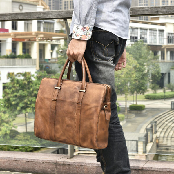 Vintage Vegetable Tanned Leather Men's First Layer Cowhide Casual Business Handbag - Image 3