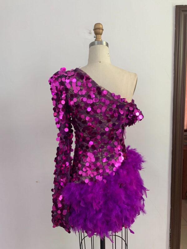 Feather Skirt One-shoulder Sleeve Short Dress - Image 8