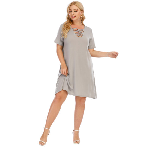 Women's Short Sleeve A- Line Simple Deep V-neck Hollow-out Cross Dress - Image 6