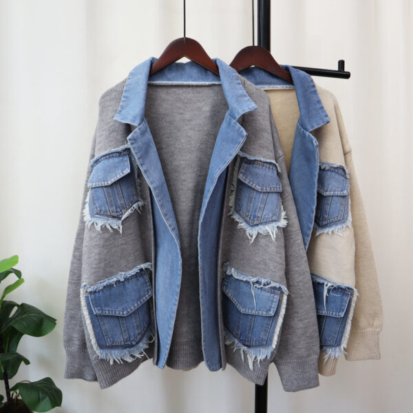 Denim Stitching Sweater Coat For Women - Image 3
