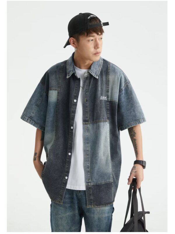 Japanese-style Retro Washed Stitching Denim Shirt Men - Image 4