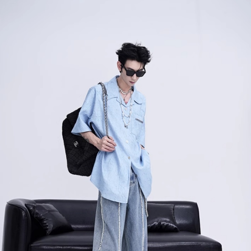 Niche Design Pleated Textured Short Shirt Men’s Tops