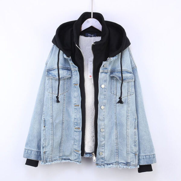 Fake Two-piece Hooded Faux Lamb Wool Denim Jacket Women - Image 5