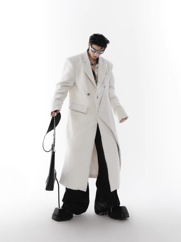 Padded Shoulder Woolen Coat PU Leather Stitching Design Long Trench Coat White Over The Knee - Image 6