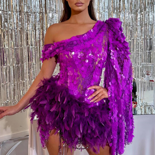 Feather Skirt One-shoulder Sleeve Short Dress