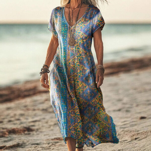 Retro Printed Dress With Sleeves