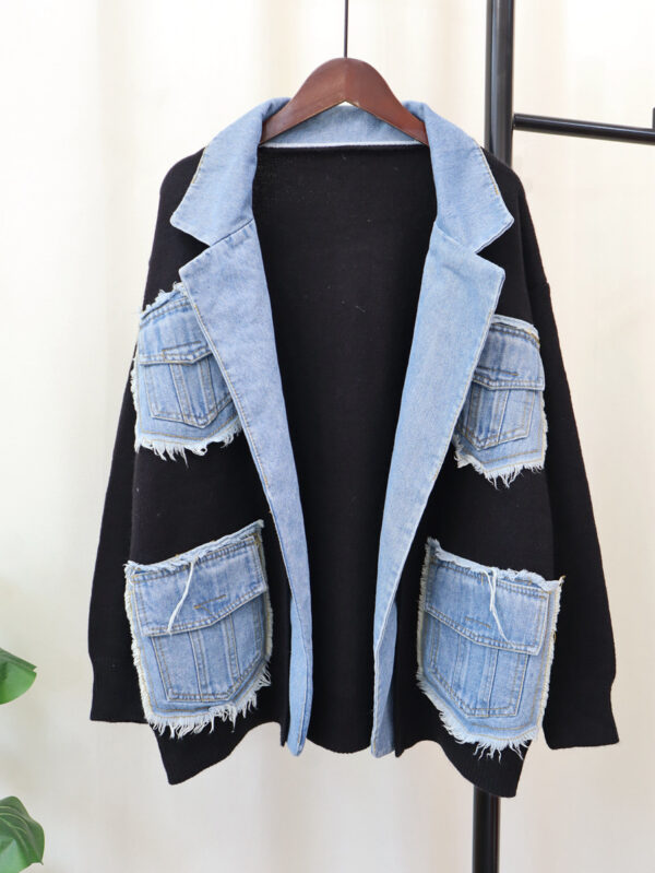 Denim Stitching Sweater Coat For Women - Image 6
