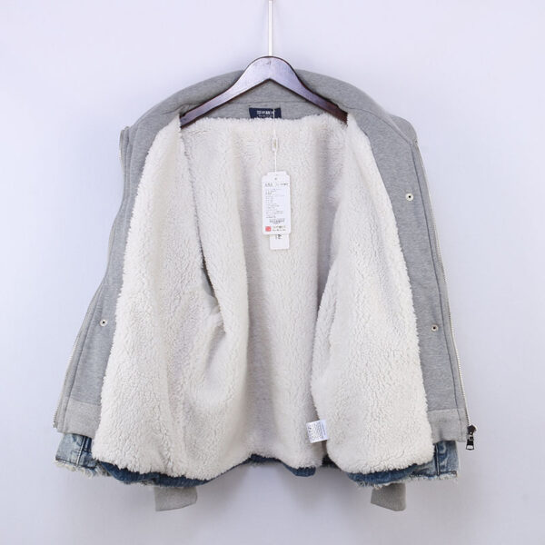 Fake Two-piece Hooded Faux Lamb Wool Denim Jacket Women - Image 3