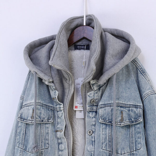 Fake Two-piece Hooded Faux Lamb Wool Denim Jacket Women - Image 2