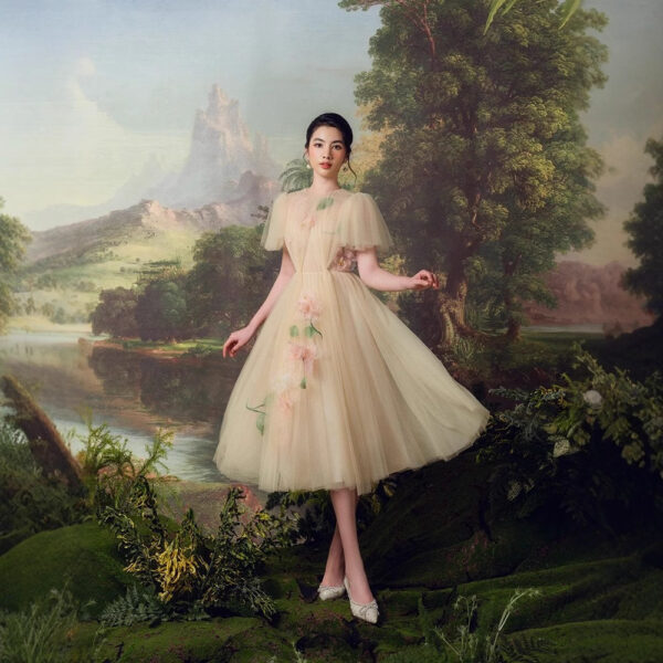 Designer Heavy Industry Net Yarn Hand-stitched Flower Fairy Dress - Image 4