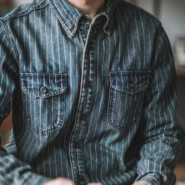 Vintage Vertical Stripes Denim Shirt Workwear Washed Old Long Sleeve Men - Image 2
