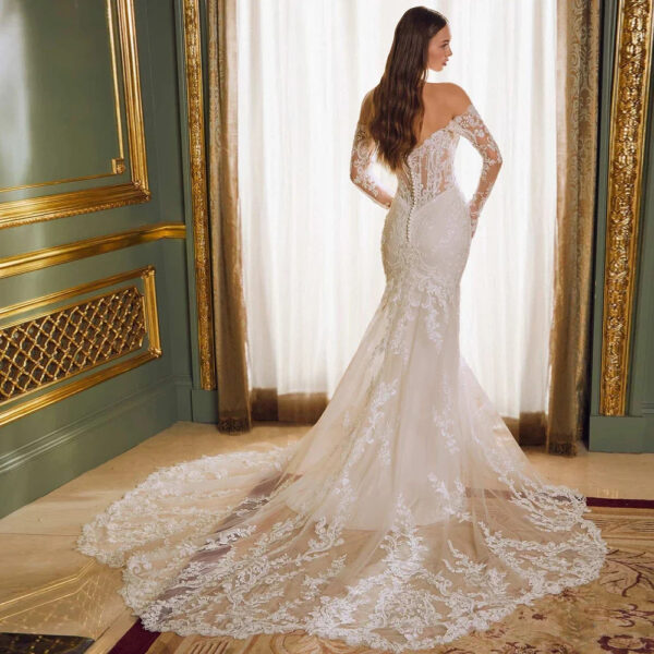 Off-shoulder Lace Long Sleeve Fishtail Gown - Image 4