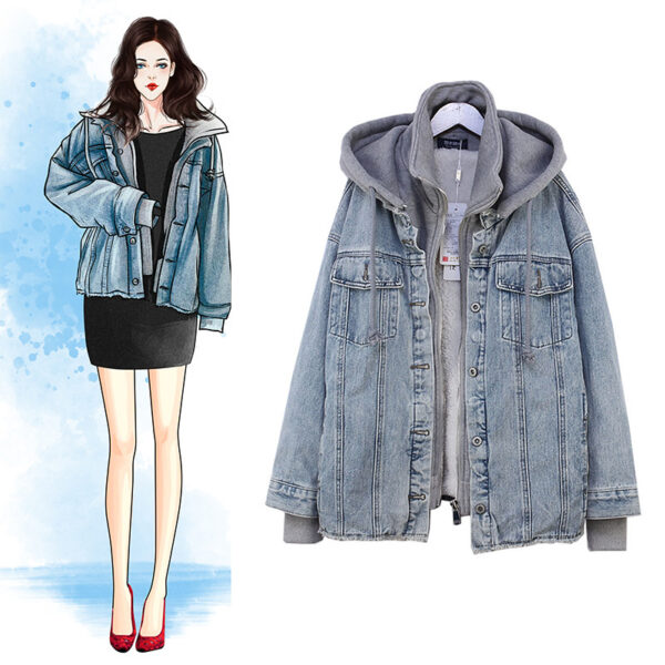Fake Two-piece Hooded Faux Lamb Wool Denim Jacket Women - Image 6