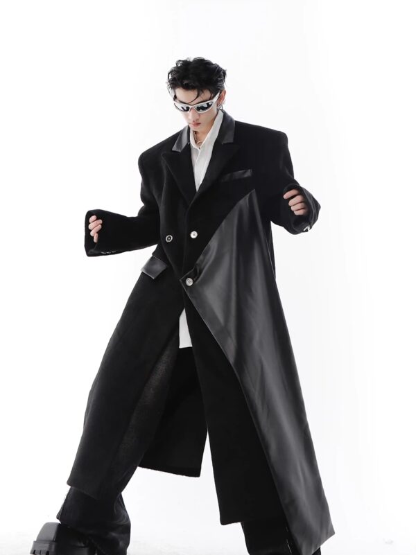 Padded Shoulder Woolen Coat PU Leather Stitching Design Long Trench Coat White Over The Knee - Image 4
