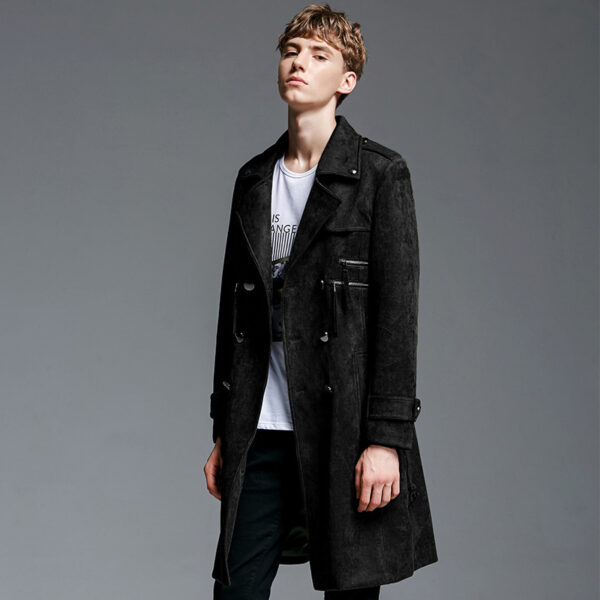 Double Breasted Suede Trench Coat For Men Mid-length Coat Plus Size - Image 4