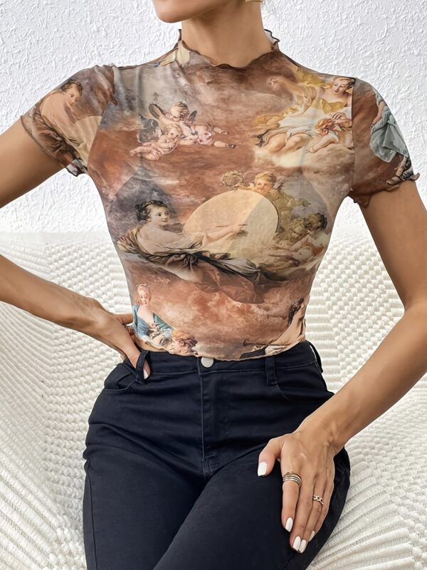 Elegant Mesh Floral Print Top Women's Clothing - Image 5