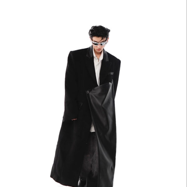 Padded Shoulder Woolen Coat PU Leather Stitching Design Long Trench Coat White Over The Knee