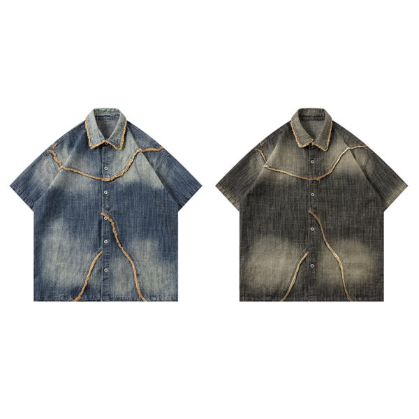 Worn Looking Washed-out Gradient Design Sense Denim Short Sleeve Shirt Men - Image 3