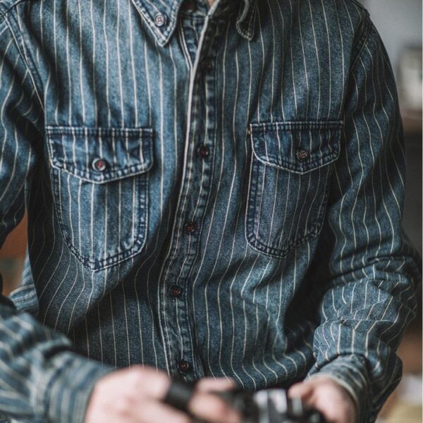 Vintage Vertical Stripes Denim Shirt Workwear Washed Old Long Sleeve Men - Image 6
