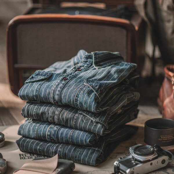 Vintage Vertical Stripes Denim Shirt Workwear Washed Old Long Sleeve Men - Image 5