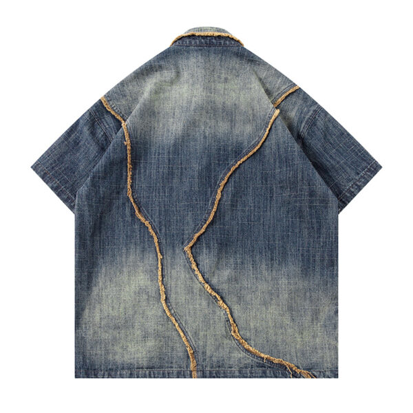 Worn Looking Washed-out Gradient Design Sense Denim Short Sleeve Shirt Men - Image 5