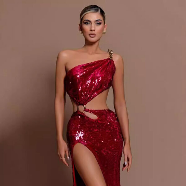 Hollow-out Midriff One Shoulder Red  Dress - Image 5