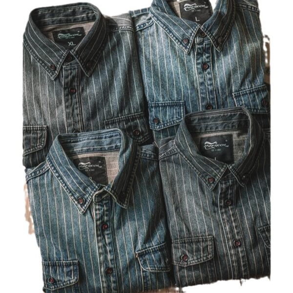 Vintage Vertical Stripes Denim Shirt Workwear Washed Old Long Sleeve Men - Image 4