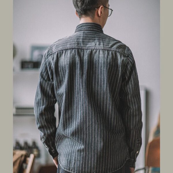 Vintage Vertical Stripes Denim Shirt Workwear Washed Old Long Sleeve Men - Image 7