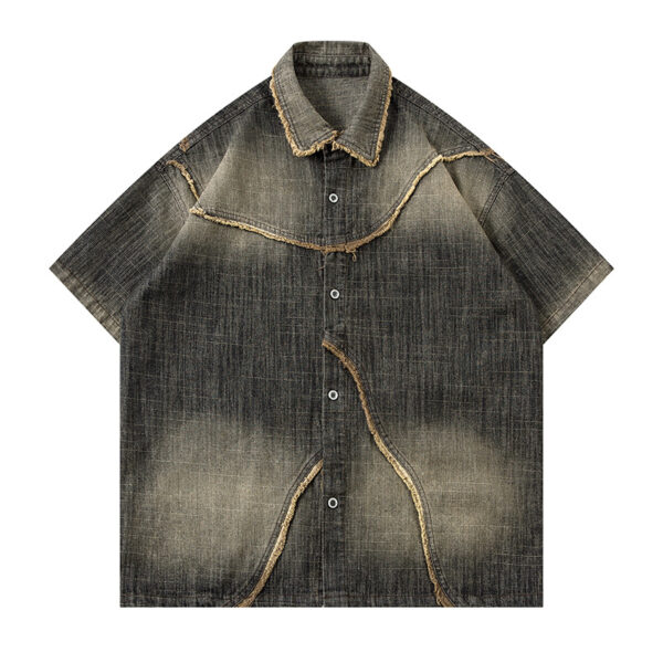 Worn Looking Washed-out Gradient Design Sense Denim Short Sleeve Shirt Men