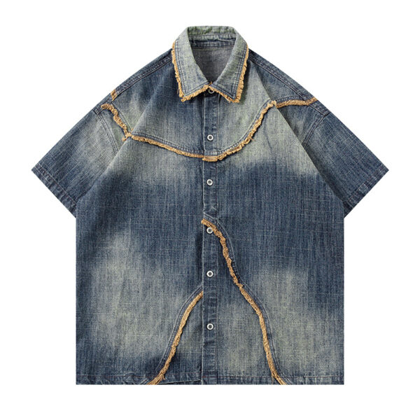 Worn Looking Washed-out Gradient Design Sense Denim Short Sleeve Shirt Men - Image 4