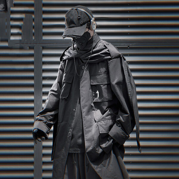 Multi-pocket Scarf Long Trench Coat For Men Loose Casual Jacket - Image 5