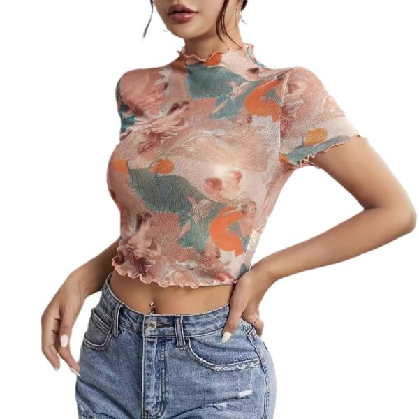 Elegant Mesh Floral Print Top Women's Clothing - Image 6