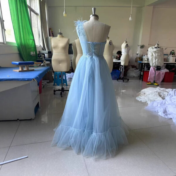 Blue One-shoulder Feather Wedding Dress - Image 4