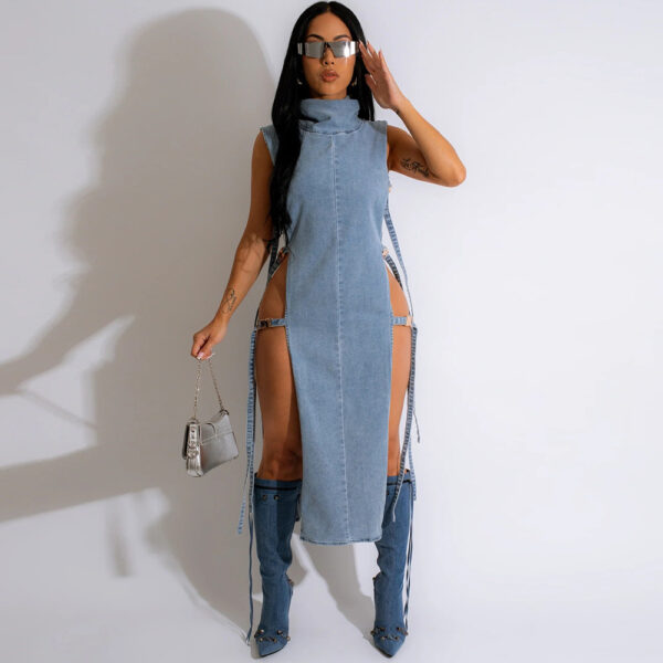 Denim Washed High Collar Dress Women - Image 9
