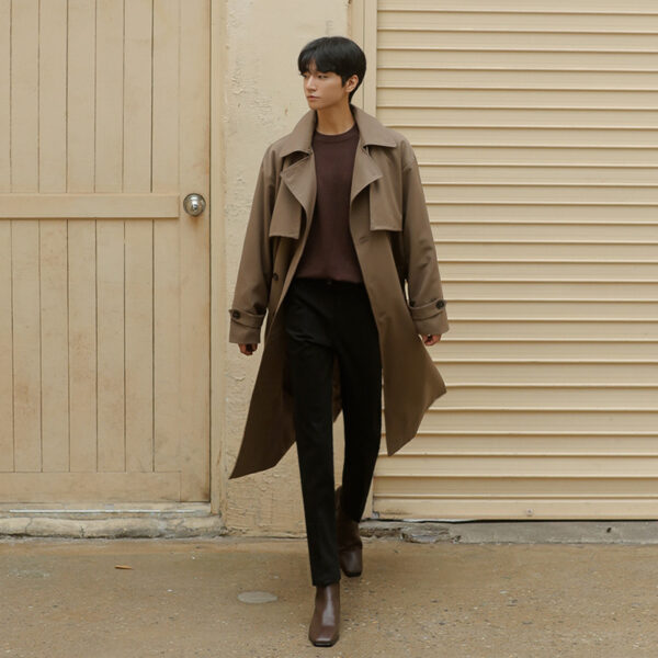 Double Breasted Trench Coat Men Mid Length Loose - Image 3