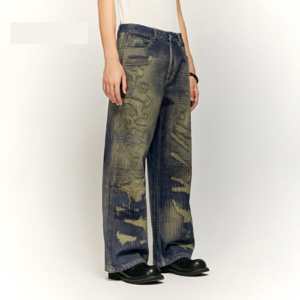 Autumn And Winter New American Street Fashion Printed Denim Wide Leg Pants For Men - Image 2