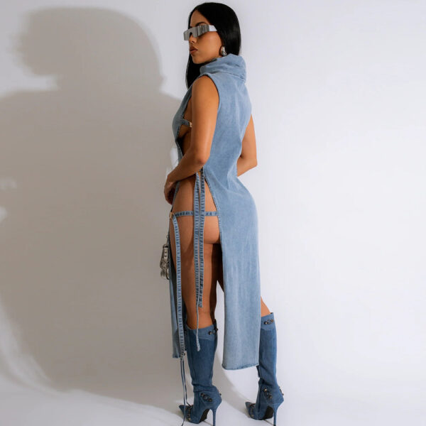 Denim Washed High Collar Dress Women - Image 2