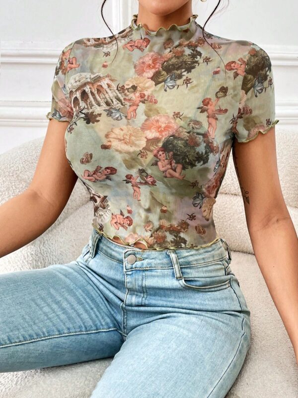 Elegant Mesh Floral Print Top Women's Clothing - Image 8