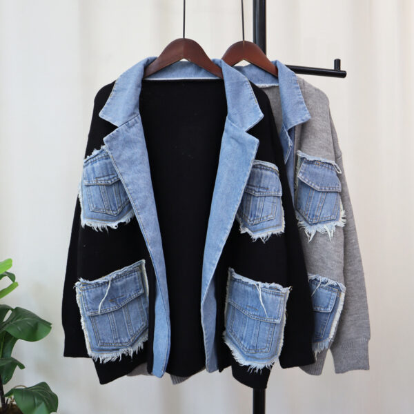 Denim Stitching Sweater Coat For Women - Image 7