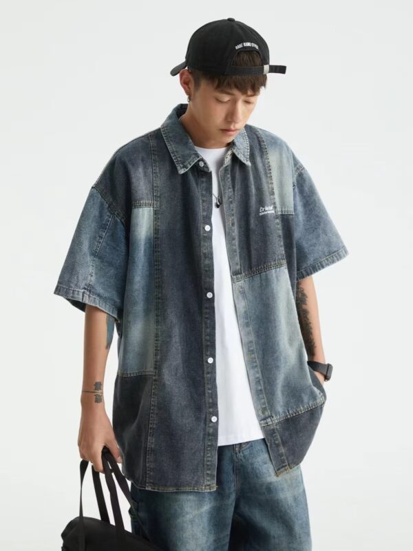 Japanese-style Retro Washed Stitching Denim Shirt Men - Image 6